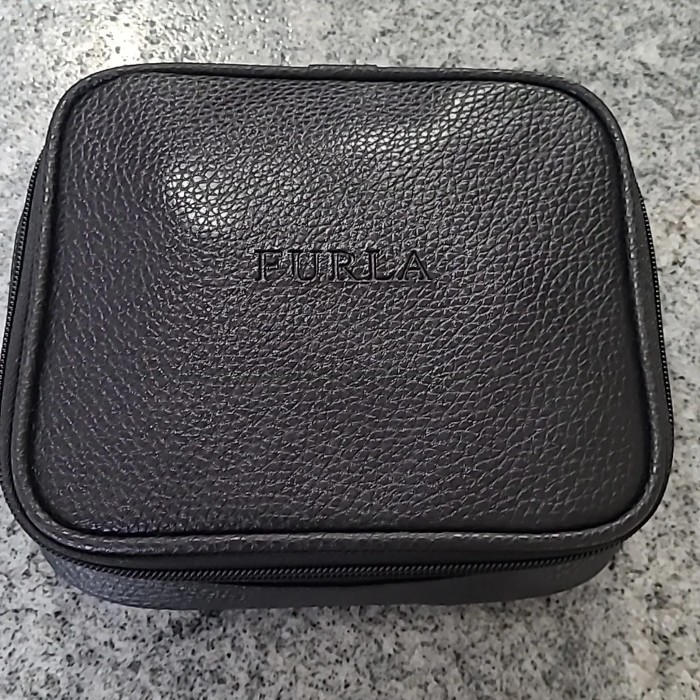 Furla Unisex Black Pebbled Leather Travel Zipper Cosmetics Case